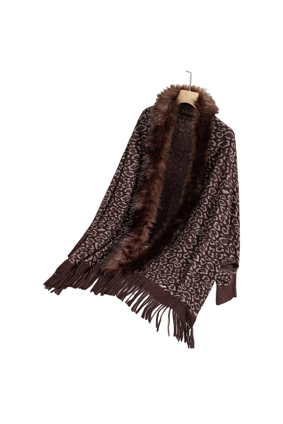 Loose Fit Furry Collar Shrug Cardigan Knit Leopard Long Batwing Sleeve Open Front Sweater Shawl for Women Ponchos Capes