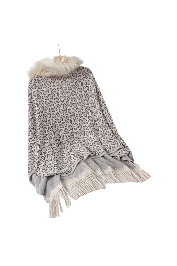 Loose Fit Furry Collar Shrug Cardigan Knit Leopard Long Batwing Sleeve Open Front Sweater Shawl for Women Ponchos Capes