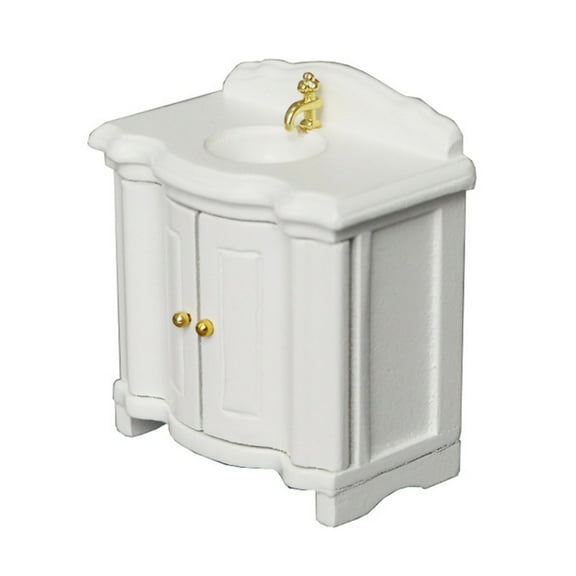 Jesscasday Miniature Dollhouses Sink Cabinet 1/12 Scale White Wood Wash Basin for Vintage Bathroom and Kitchen Scene Decoration
