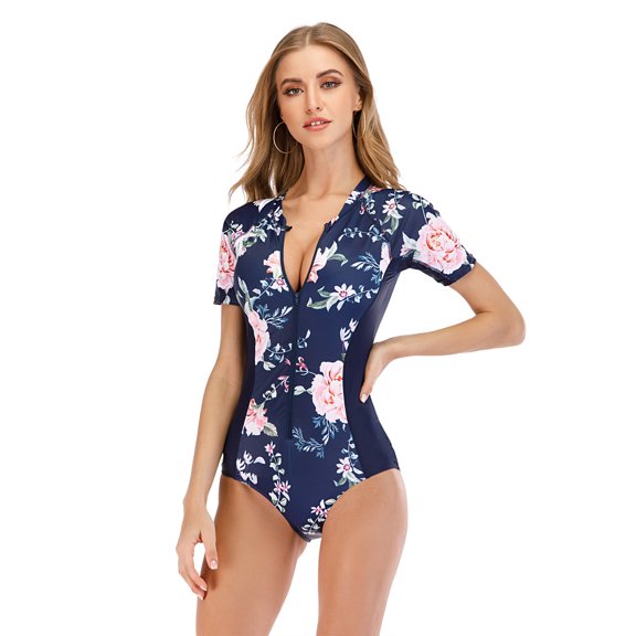 Jesscasday One-Piece Swimsuit Conservative Women Short Sleeve Swimwear Printed Bathing Suit