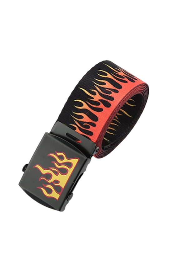 Punk Rock Flame Pattern Belt Adjustable Metal Buckles Durable Cotton Fabric Street Fashion Accessory For Men And Women