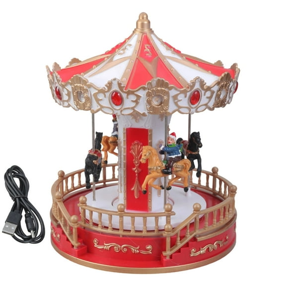 Jesscasday Rotating Holiday Music Box LED Lighted Carousels Toy Christmas Party Decoration