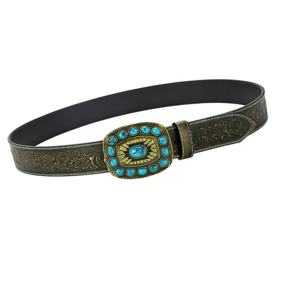 Jesscasday Square Turquoise Buckles Waist Belt PU Embossed Pattern Waistband For Women Men