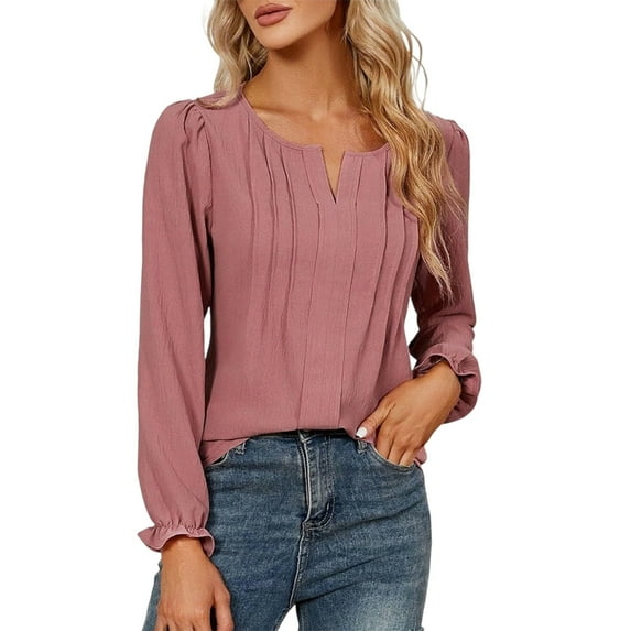 Jesscasday V Neck Puff Long Sleeve Shirt Pleated Chiffon Blouse For Women Office Attires
