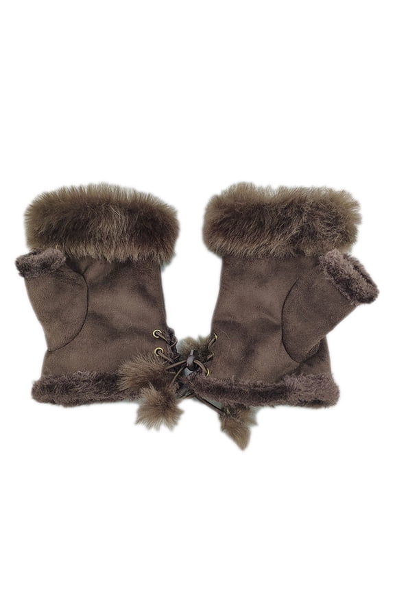 Winter Faux Rabbit Fur Gloves Half Finger Glove Solid Color Plush Mittens