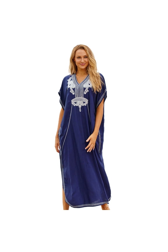 Women Beach Maxi Long Tunic Dress Kaftan Batwing Short Sleeve Bikini Swimsuit Cover Up Embroidered Floral V-Neck Oversized Beachwear
