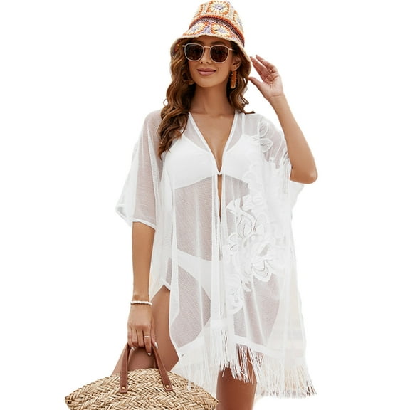 Jesscasday Women Beach Swimsuit Cover Up Shirt Beachwear Bathing Suit Beach Kimono Cardigan Tassel-Half Sleeve Loose-Capes