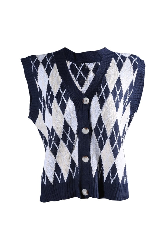 Women College Knitwear Sweater Vest Vintage Argyle Plaid Sleeveless Cardigan