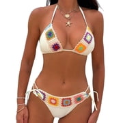 Jesscasday Women Crochet Swimsuit Two Piece Swimming CostumeHalterneck Thong Bathing Suit