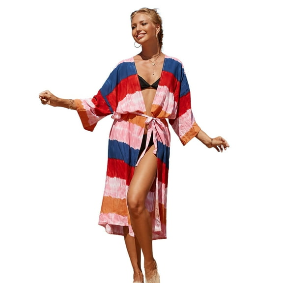 Jesscasday Women Flare 3/4 Sleeve Long Kimono Cardigan Gradient Colorblock Printed Open Front Bikini Swimsuit Cover Up Belted Loose Beach Blouse
