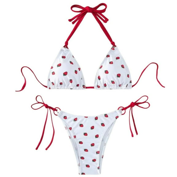 Jesscasday Women Halterneck Strawberry Print Swimwear Set 2Pcs Triangular Tie Side Thong Small Swimsuit Beach Bathing Suit