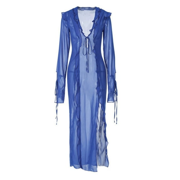 Jesscasday Women Long Beach Swimming Dress See-Through Sheer Mesh Maxi Dress Aesthetic Side Split Bikinis Cover-ups