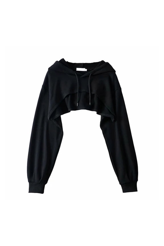 Women Long Sleeve Hoodie Crop Top Cutout Solid Color Cropped Sweatshirt Cover Up
