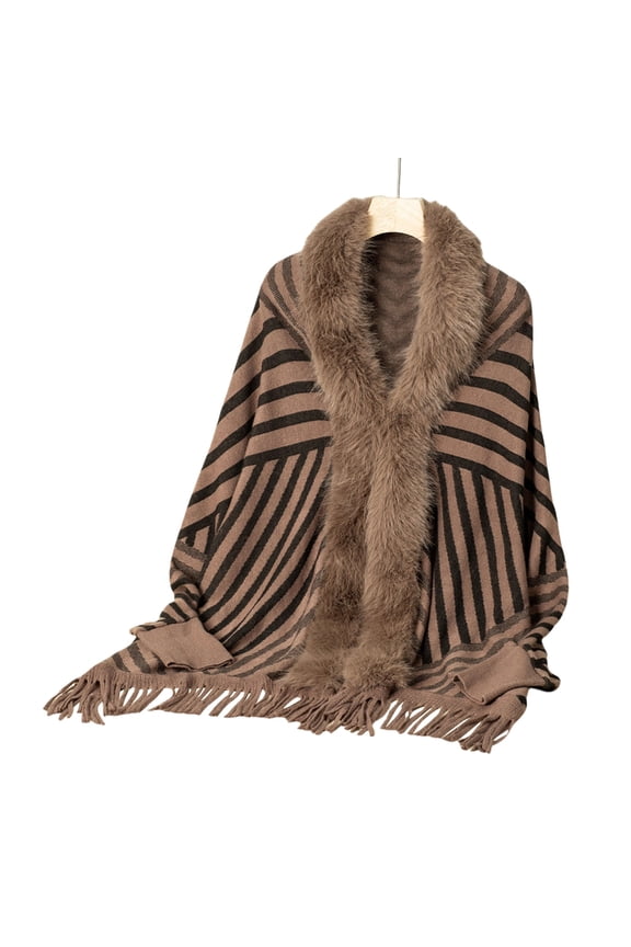 Women Open Front Furry Collar Sweater Cardigan Striped Knit Batwing Sleeve Shawl
