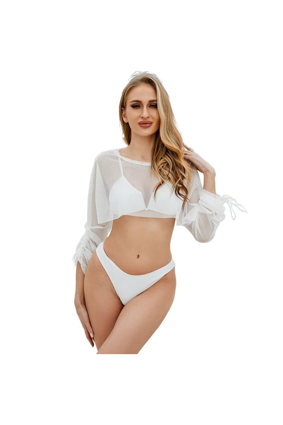 Women Sexy Sheer Fishnet Mesh Crop Top Drawstring Long Sleeve Cover Up T-Shirt
