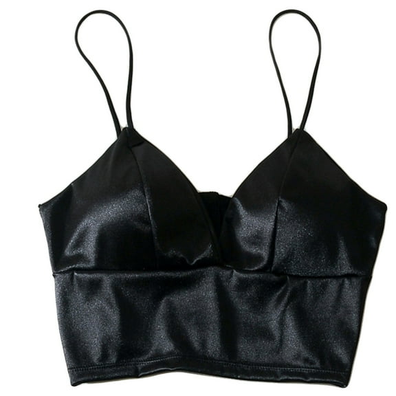 Jesscasday Women Sexy Silky Satin Spaghetti Strap Bralette Deep V-Neck Solid Color Camisole Crop Top Wireless Padded Bra Underwear