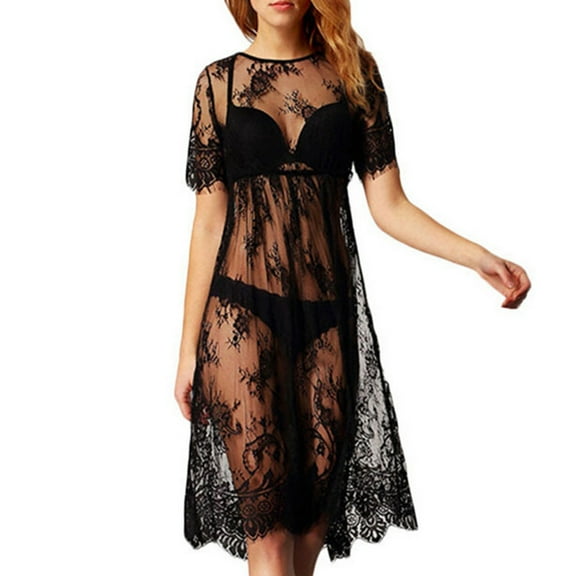Jesscasday Women Short Sleeve Bikini Cover Up Sexy See-Through Eyelash Lace Beach Dress