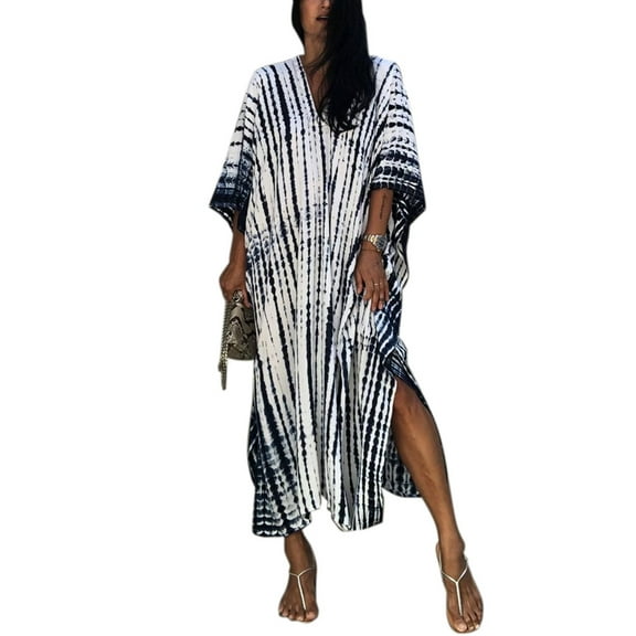Jesscasday Women Summer Plus Size Maxi Kaftan Tie-Dye Striped Print V-Neck Boho Hippie Beach Dress Loose Bikini Swimsuit Cover Up