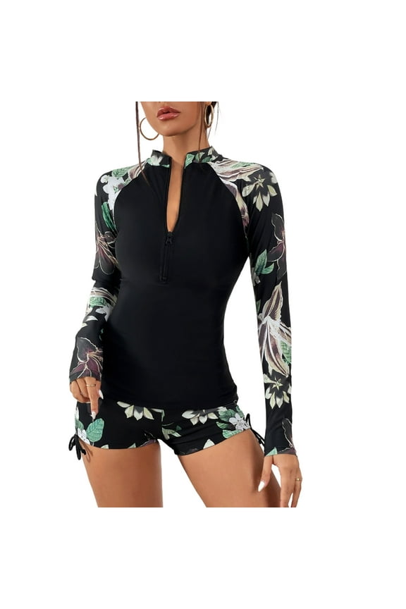 Women Two Piece Swimsuit Long Sleeve Flower Rashguard Swimwears with Boyshorts