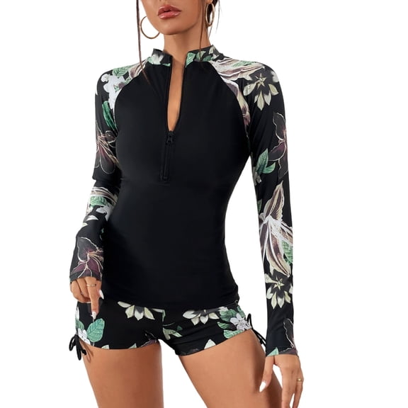 Jesscasday Women Two Piece Swimsuit Long Sleeve Flower Rashguard Swimwears with Boyshorts