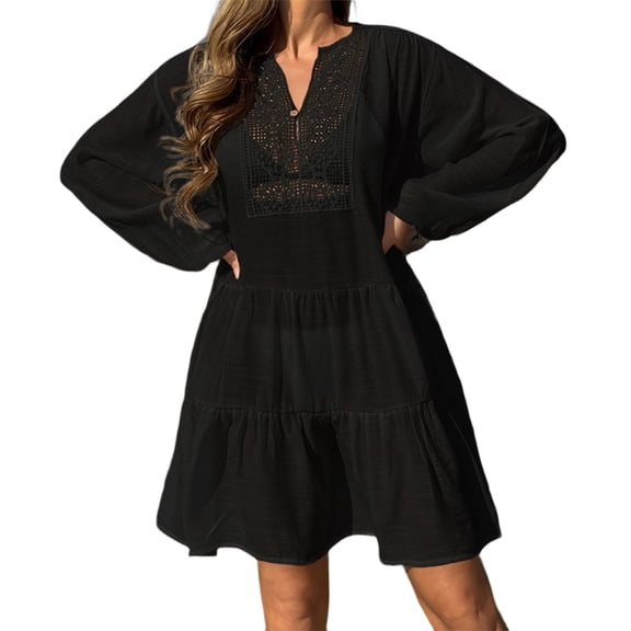 Jesscasday Women V-Neck Beach Dress Loose Casual Dress Female Long Sleeves Dress Fashionable Swing Dress Beach Covers Up