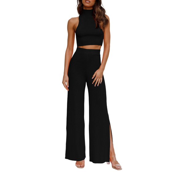 Jesscasday Womens 2 pieces Outfits Set Casual Sweatsuits Streetwear Ribbed Knitted Wide Leg Pants and Cropped Tops