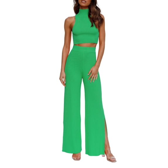 Jesscasday Womens 2 pieces Outfits Set Casual Sweatsuits Streetwear Ribbed Knitted Wide Leg Pants and Cropped Tops