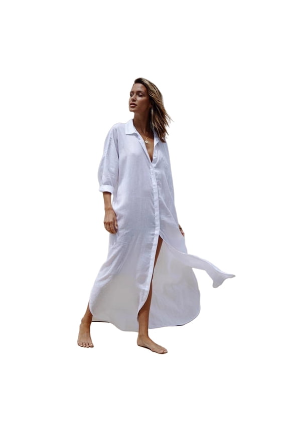 Womens Beach Cover-up Long Roll-up Sleeve Swimsuit Bathing Suit Cotton V-neck Side Slit Beachwear