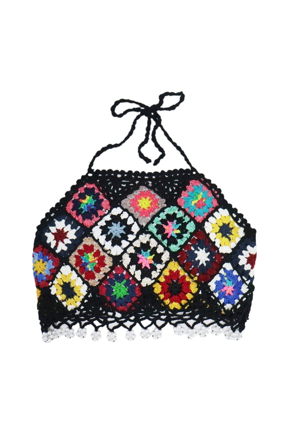 Womens Bohemian Crochet Halter Backless Crop Top Rainbow Rhombus Pattern Bikini Camisole Faux Pearl Beaded Tassel Hem Mini Vest Beachwear