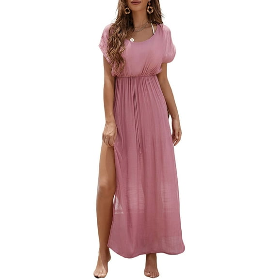 Jesscasday Womens Casual Dresses Flowy Maxi Dress Sexy Side Split Dress Solid Party Dress