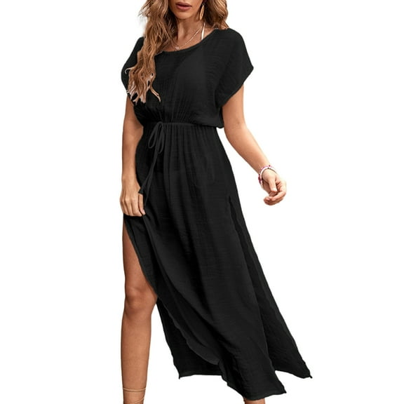 Jesscasday Womens Casual Dresses Flowy Maxi Dress Sexy Side Split Dress Solid Party Dress