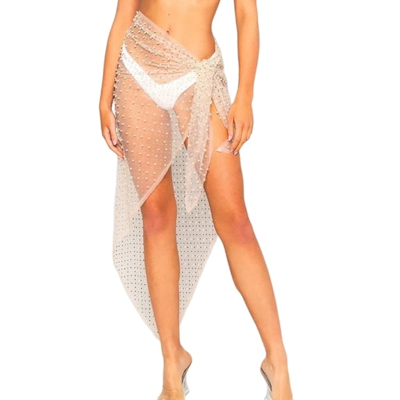 Jesscasday Womens See Through Mesh Skirts Sexy Lace Up Rhinestone Skirt Swimsuit Cover Up