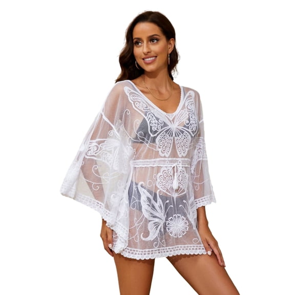 Jesscasday Womens Sheer Mesh Swimsuit Cover Up Dress Long Sleeve V Neck Bikinis Bathing Suit Coverups See Through Beach Dress