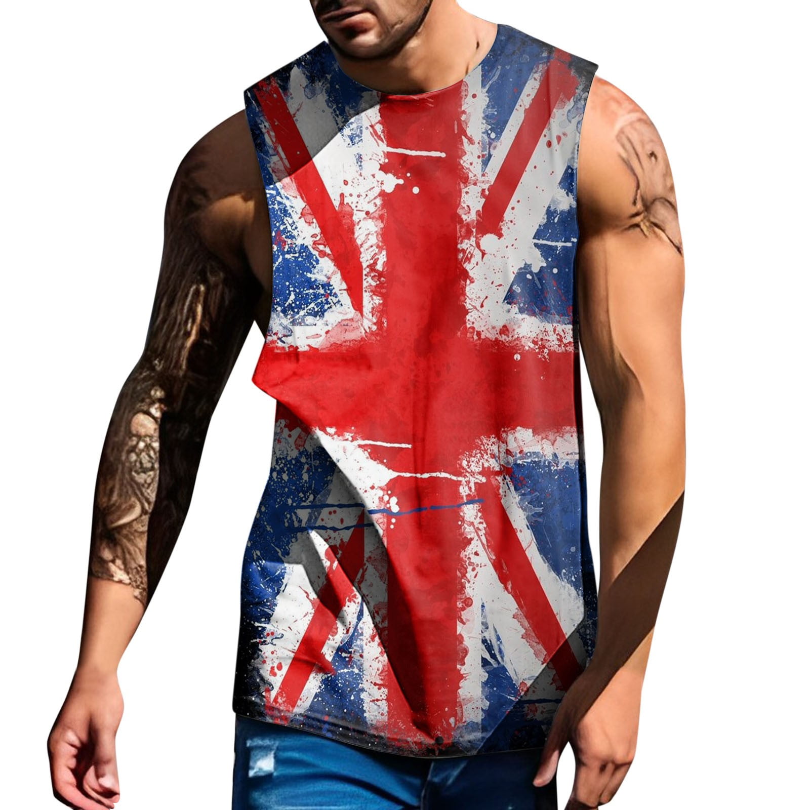 Jessdjexs Men'S Tank Tops National Day Spring Summer Vest Full Print Pattern Round Neck Plus