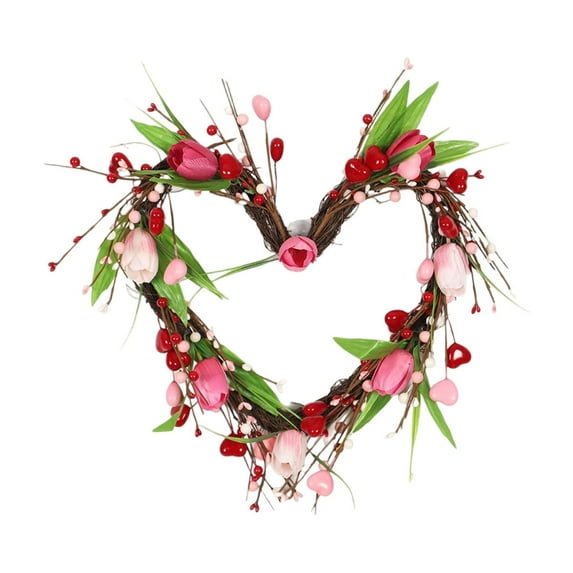 Jessee Valentine's Day Heart Shaped Wreath - 15.7 Inch Wreath With Tulip - Lighted Hanging Valentines Decoration for Front Door, Wall, Indoor, Outdoor Party Favor
