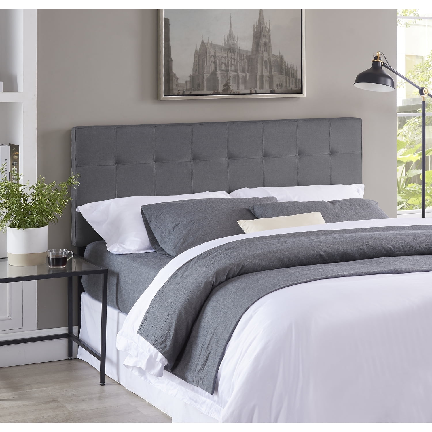 Gray Upholstered Tufted Queen Headboard with Adjustable Height