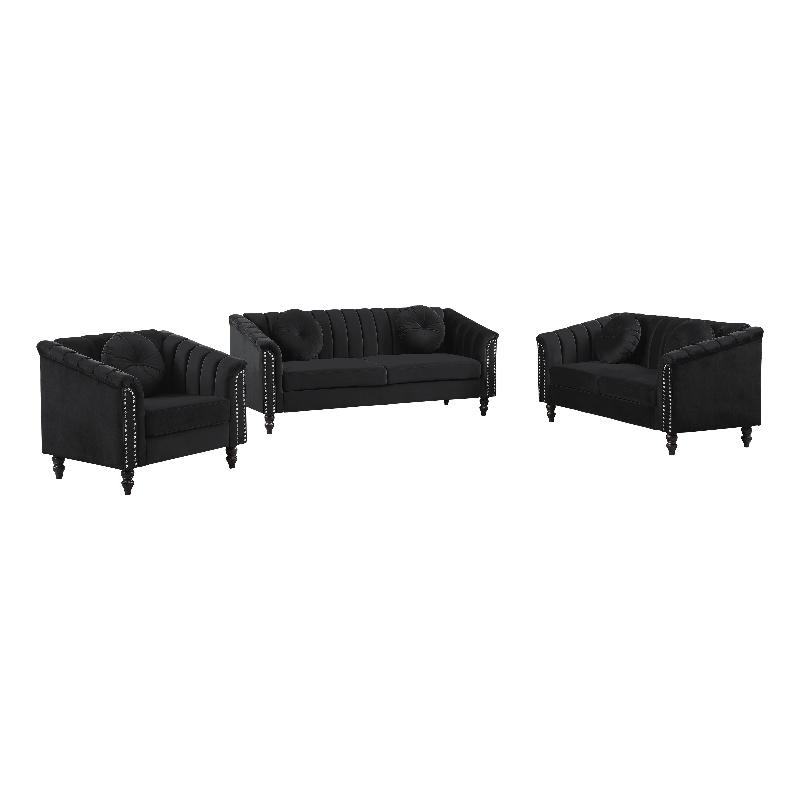 Jessica 3 Pieces Black Microfiber Living Room Set Modern Velvet Sofa Set pillow