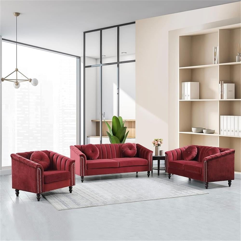 Jessica 3-Piece Red Microfiber Living Room Sofa Set, Modern Velvet ...