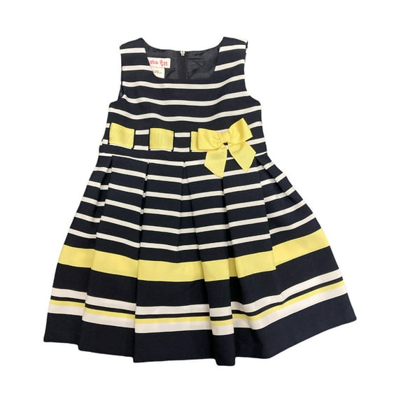 Jessica Ann Girls' Striped Sleeveless Navy Dress w/ Yellow Ribbon Bow (Navy, 3T)