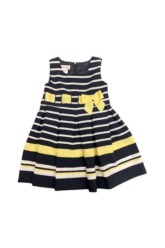 Girls' Striped Sleeveless Navy Dress w/ Yellow Ribbon Bow (Navy, 3T)