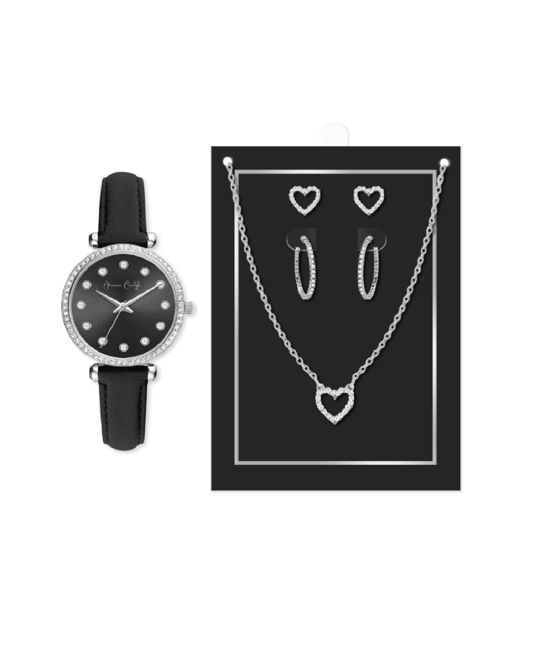 Jessica Carlye Women's Black/Silver Watch with Heart Charm Necklace & 2 Pair Earrings Set
