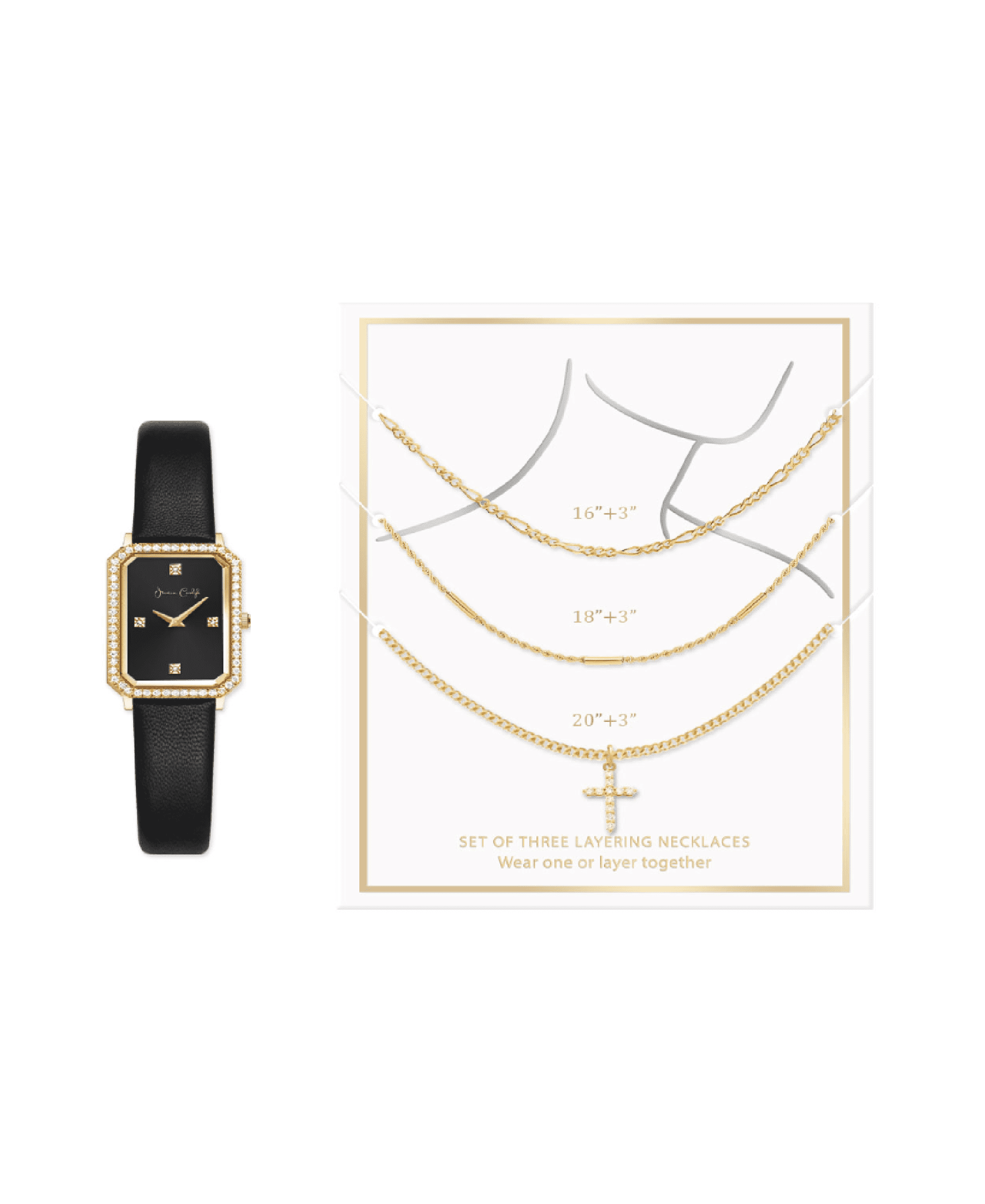 Jessica Carlye Women's Black Strap Watch & 3 Piece Layered Necklace Set
