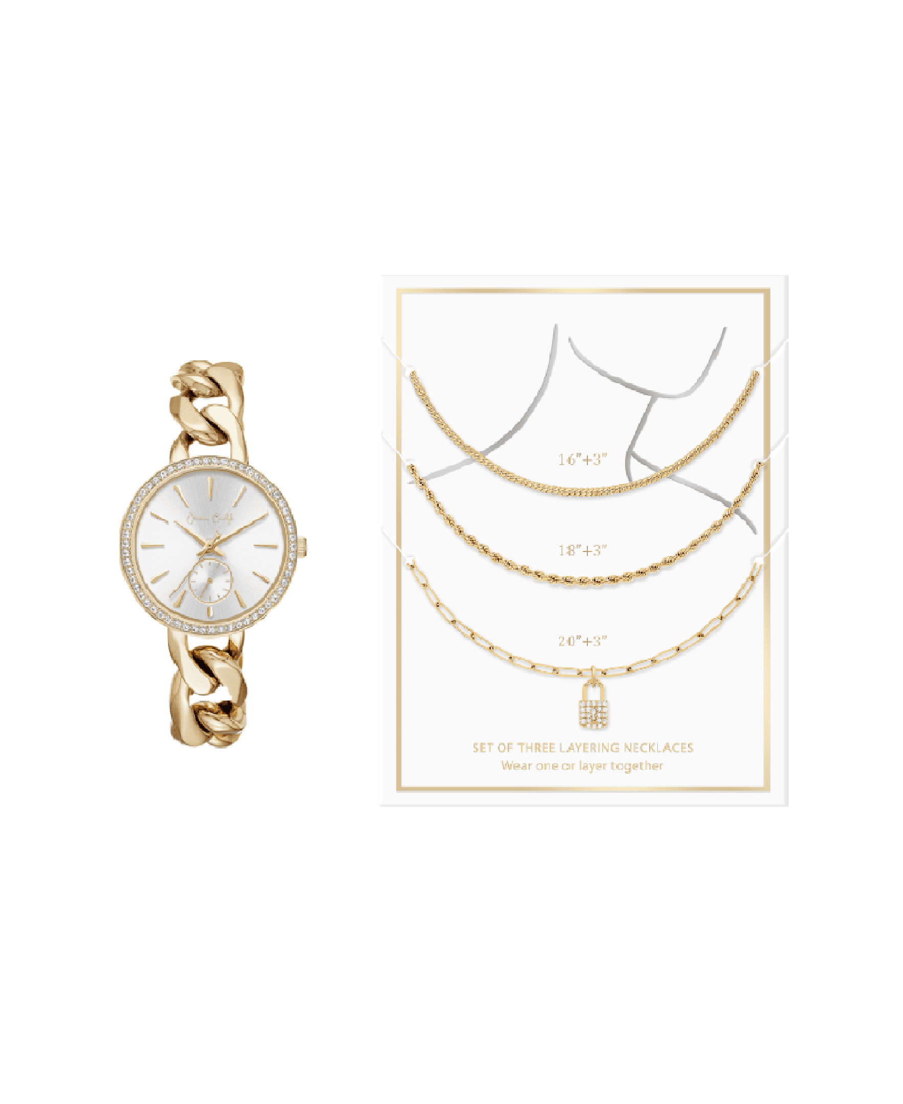 Jessica Carlye Women's Gold Tone Bracelet Watch & 3 Piece Layered Necklace Set