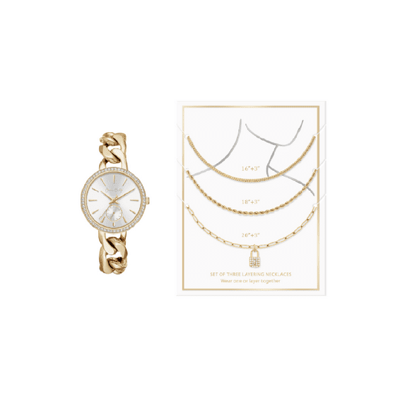 Jessica Carlye Women's Gold Tone Bracelet Watch & 3 Piece Layered Necklace Set