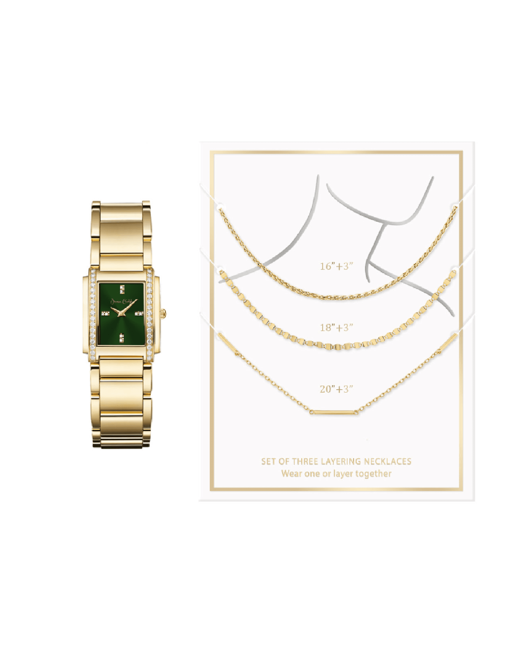 Jessica Carlye Women's Gold Tone Bracelet Watch & 3 Piece Layered Necklace Set