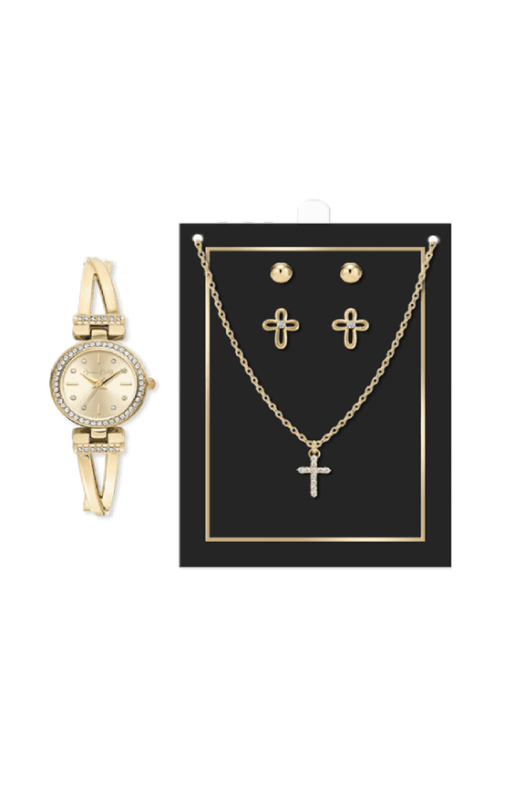 Jessica Carlye Women's Gold Tone Bracelet Watch with Cross Necklace & 2 Pair Earrings Set