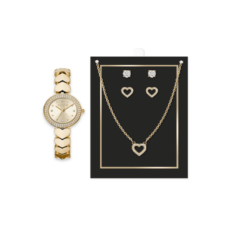 Jessica Carlye Women s Gold Tone Bracelet Watch with Necklace 2 Pair Earrings Set Size Small