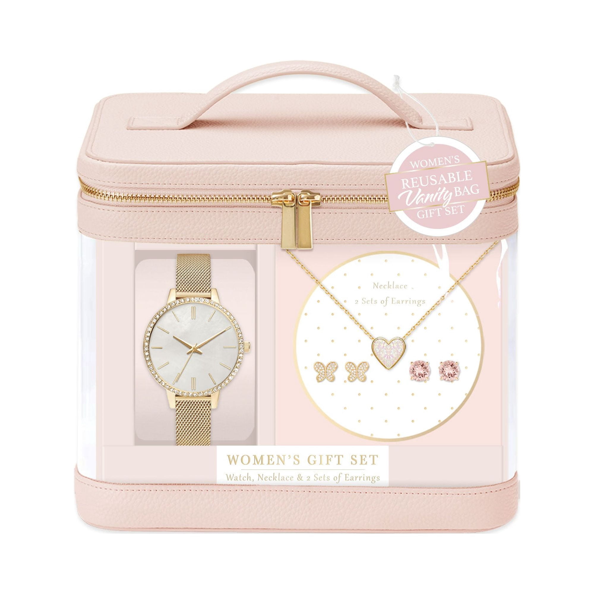 Jessica Carlye Women's Gold Tone Mesh Watch with Heart Charm Necklace & 2 Piece Stud Earrings