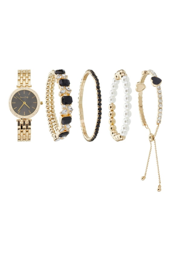 Holiday 2022 Ladies Analog Watch With 4 Piece Stackable Bracelet Set, Shiny Gold