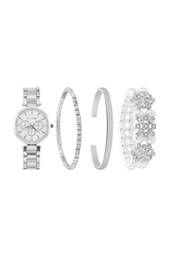 Holiday 2022 Ladies Metal Strap Analog Watch w/ 3 Piece Bracelets, Shiny Silver